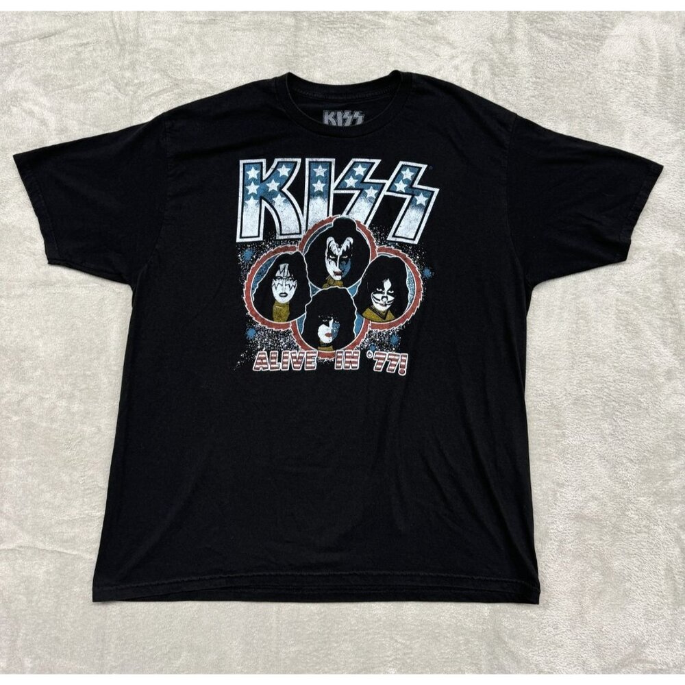 KISS Alive In 77 Tour Black Patriotic XXL T-Shirt Cotton/Polyester Mens Rock Ban
